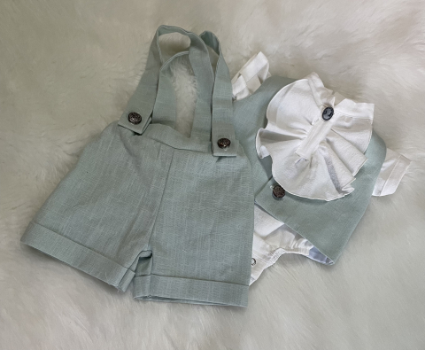 Costum de botez pentru băieți, din in verde menta și bumbac prespălat, cu jabou [2]