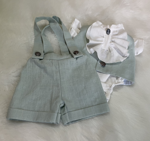 Costum de botez pentru băieți, din in verde menta și bumbac prespălat, cu jabou [1]