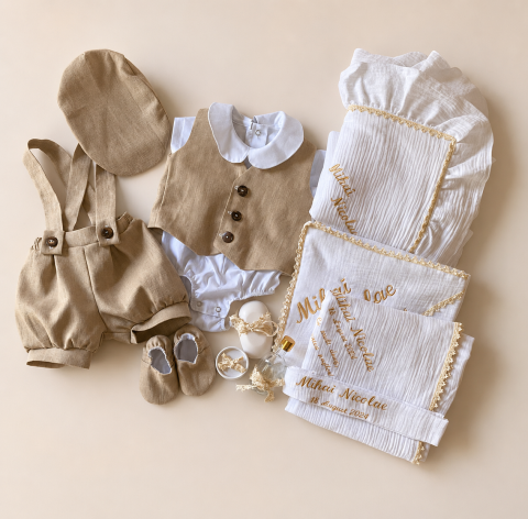 Set complet trusou botez personalizat muselină și costumaș in Nicolas, bej, cufăr catifea⁠ [2]