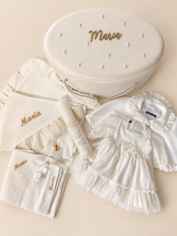 Botez fete - Set trusou botez personalizat și rochiță tafta ivoire