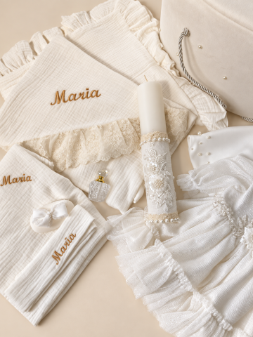 Set trusou botez personalizat și rochiță tafta ivoire [2]