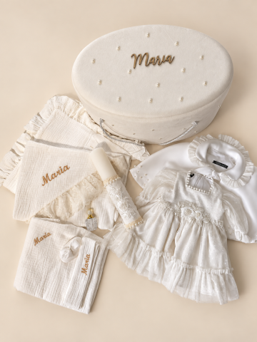 Set trusou botez personalizat și rochiță tafta ivoire [5]