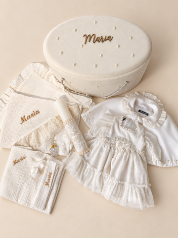 Set trusou botez personalizat și rochiță tafta ivoire [4]