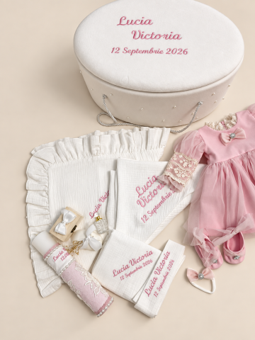Set trusou botez personalizat și rochiță tafta ivoire [2]