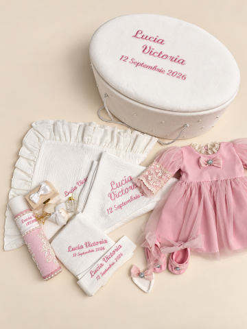 Set trusou botez personalizat și rochiță tafta ivoire [3]