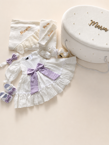 Set trusou botez fetite - Set trusou botez personalizat si rochita din muselina organica