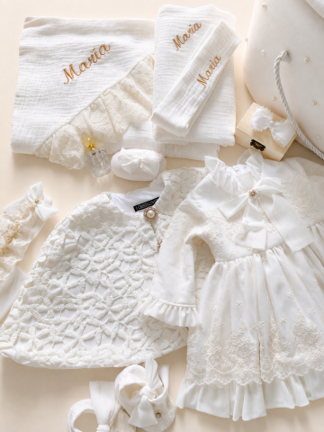 Set trusou botez fetite - Set trusou botez personalizat și rochiță tafta ivoire
