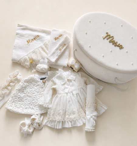 Set trusou botez personalizat și rochiță tafta ivoire [2]