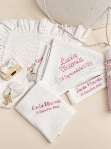 Set trusou botez personalizat și rochiță tafta ivoire [6]