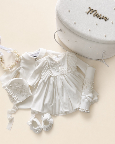 Trusouri botez fetite - Set trusou botez personalizat și rochiță tafta ivoire