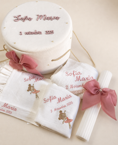 Trusouri botez fetite - Set Trusou Botez Premium, cu lumanare, din Muselină și Catifea – Crystalines