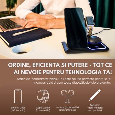 Stația de încărcare wireless 3 în 1 pentru Smartphone-uri, Apple Watch, AirPods [4]