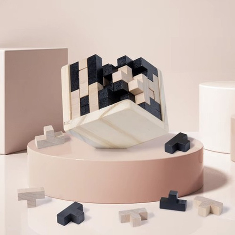 Cub logic din lemn 3D – Puzzle educativ din 52 piese în formă de T, joc de gândire pentru copii și adulți, antistres, 7x7x7 cm, lemn natural [2]