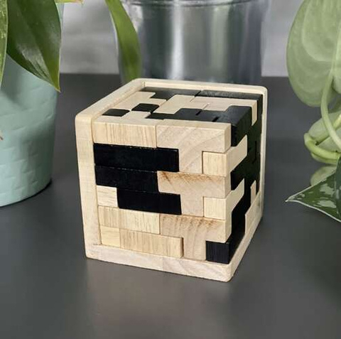 Cub logic din lemn 3D – Puzzle educativ din 52 piese în formă de T, joc de gândire pentru copii și adulți, antistres, 7x7x7 cm, lemn natural [7]