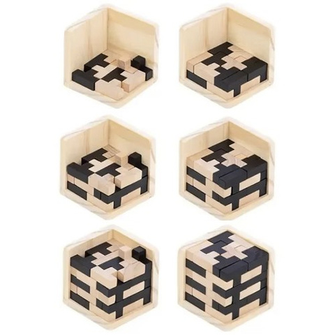 Cub logic din lemn 3D – Puzzle educativ din 52 piese în formă de T, joc de gândire pentru copii și adulți, antistres, 7x7x7 cm, lemn natural [4]