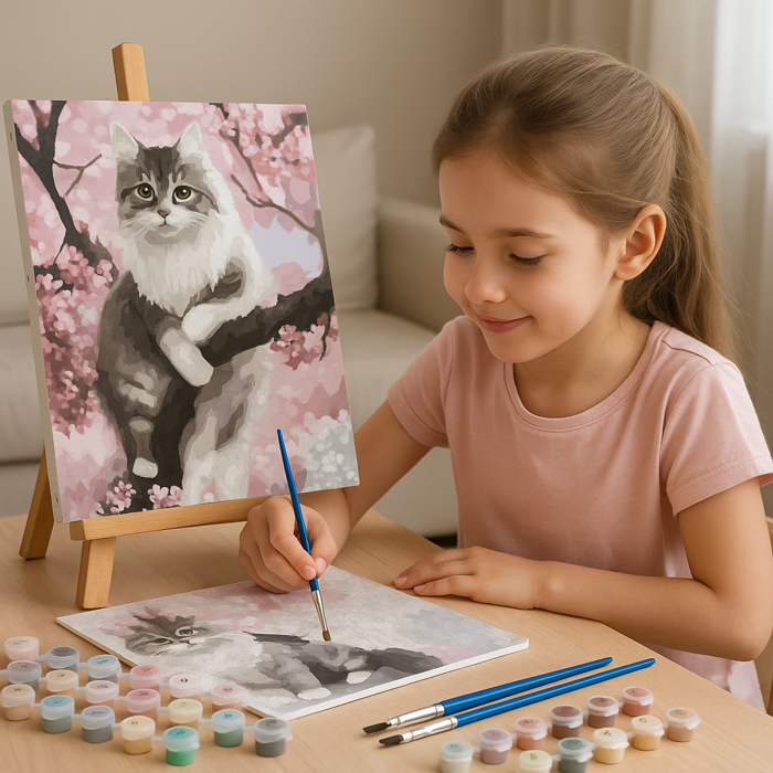 Pictură după numere 40x50 cm – Pisică printre flori de cireș | Set complet cu pensule și vopsele acrilice [2]