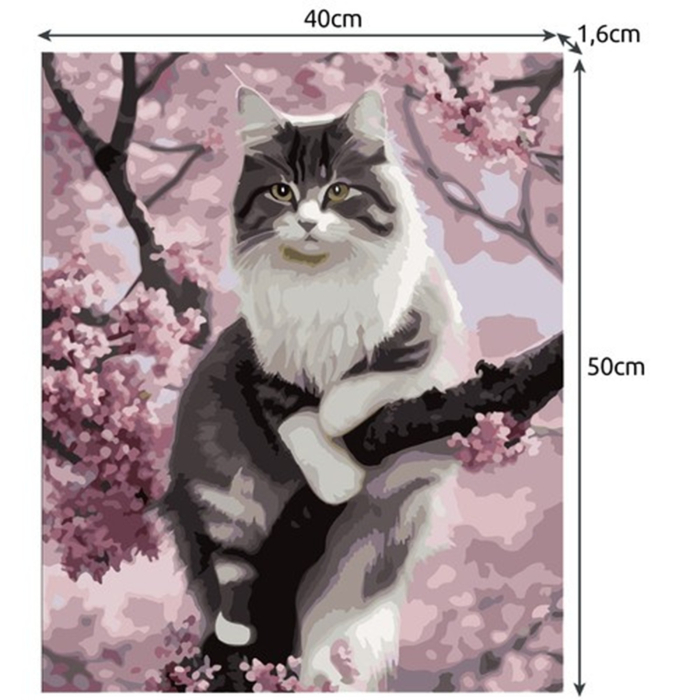 Pictură după numere 40x50 cm – Pisică printre flori de cireș | Set complet cu pensule și vopsele acrilice [4]