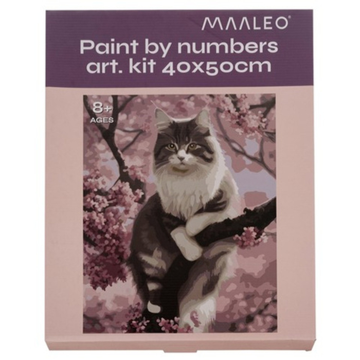 Pictură după numere 40x50 cm – Pisică printre flori de cireș | Set complet cu pensule și vopsele acrilice [3]