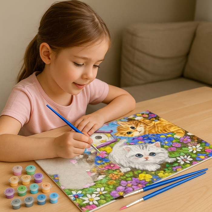 Pictură după numere 40x50 cm – Pisicuțe jucăușe în grădină | Set complet cu pensule și vopsele acrilice [2]