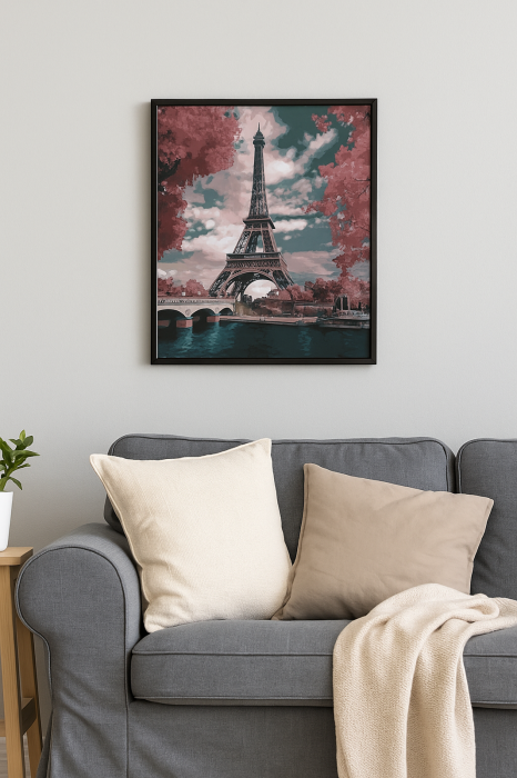 Pictură după numere 40x50 cm – Turnul Eiffel în nuanțe roz | Set complet cu pensule și vopsele acrilice [7]