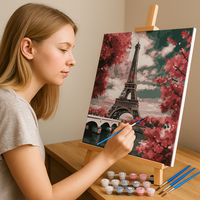 Pictură după numere 40x50 cm – Turnul Eiffel în nuanțe roz | Set complet cu pensule și vopsele acrilice [2]