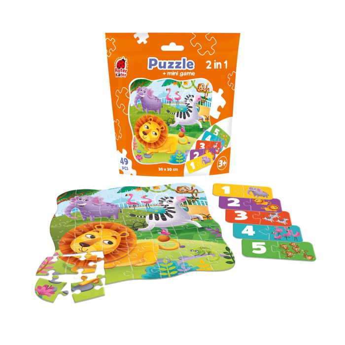 Puzzle copii 2 în 1 La Zoo 49 piese + mini game numere | Roter Käfer | 30x30 cm | 3+ ani [2]