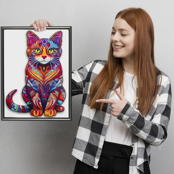 Puzzle din lemn „Pisică colorată” – 130 piese, design artistic premium | KRUZZEL [9]