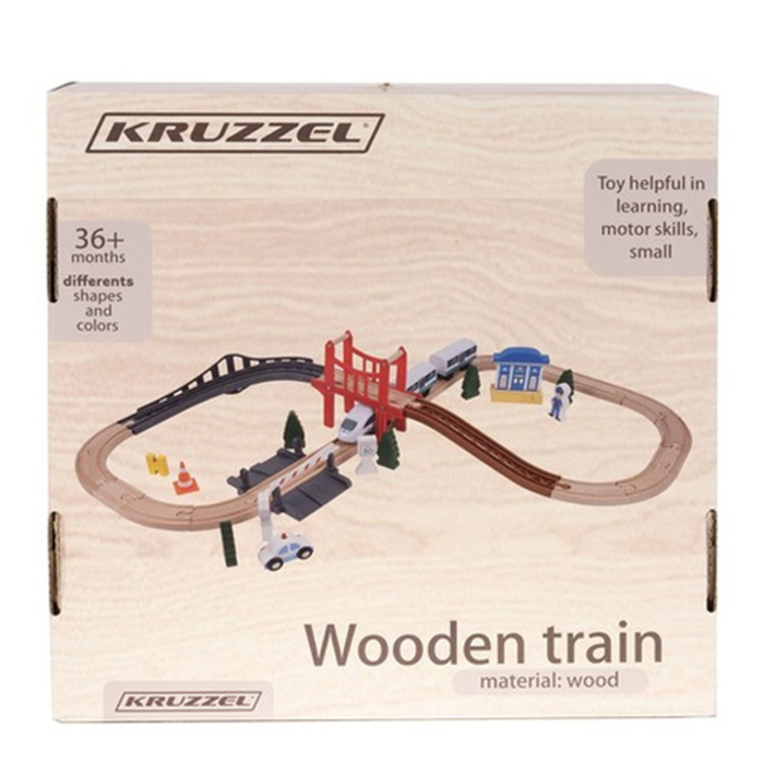 Trenuleț din lemn cu șine, pod și accesorii – 37 piese, 85x42 cm | Kruzzel [3]