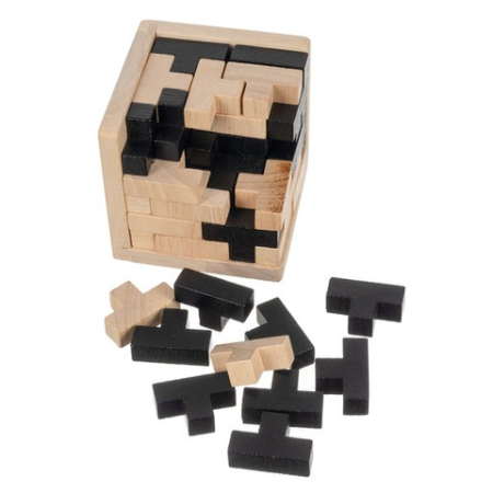JOCURI EDUCATIONALE STEM DIN LEMN - Cub logic din lemn 3D – Puzzle educativ din 52 piese în formă de T, joc de gândire pentru copii și adulți, antistres, 7x7x7 cm, lemn natural
