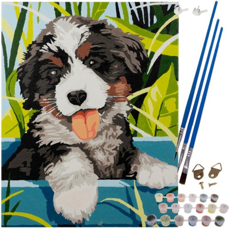 PICTEAZA DUPA NUMERE - Pictură după numere 40×50 cm – Căţeluş în natură (set complet)