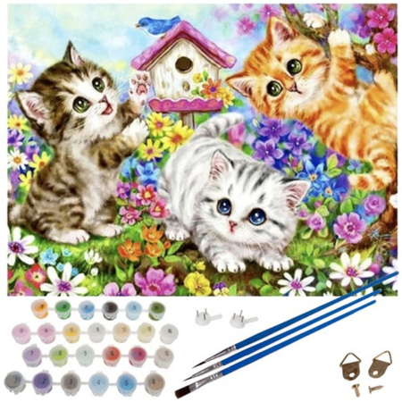PICTEAZA DUPA NUMERE - Pictură după numere 40x50 cm – Pisicuțe jucăușe în grădină | Set complet cu pensule și vopsele acrilice