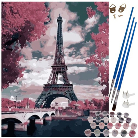 PICTEAZA DUPA NUMERE - Pictură după numere 40x50 cm – Turnul Eiffel în nuanțe roz | Set complet cu pensule și vopsele acrilice