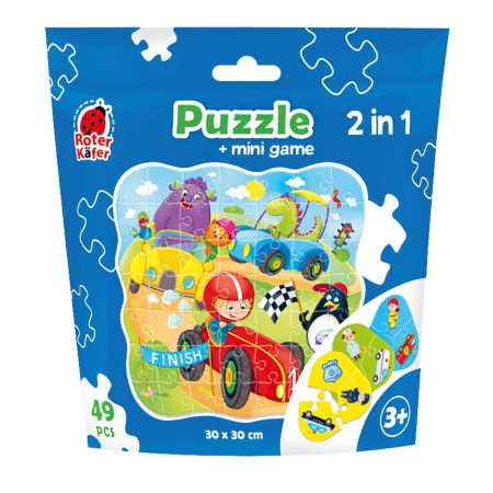 PRIMELE MELE PUZZLE-URI - Puzzle copii 2 în 1 cu mașini – Puzzle + mini game, 49 piese, 30x30 cm, 3+ ani
