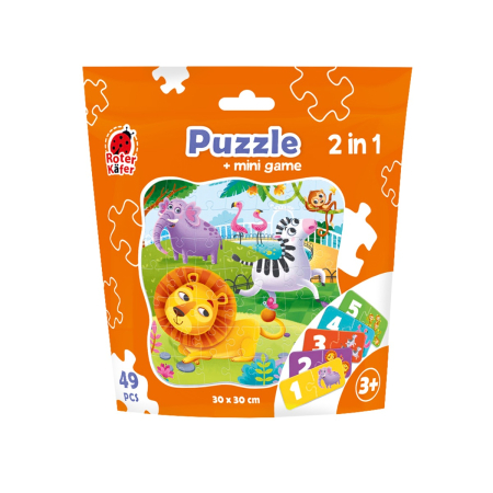 PRIMELE MELE PUZZLE-URI - Puzzle copii 2 în 1 La Zoo 49 piese + mini game numere | Roter Käfer | 30x30 cm | 3+ ani