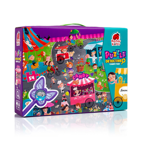 PUZZLE-URI - Puzzle detectiv copii 54 piese – Candy Fair (Târgul Dulciurilor) + lupă | Roter Käfer | copii mici 3+ ani