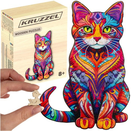 PUZZLE-URI LEMN - Puzzle din lemn „Pisică colorată” – 130 piese, design artistic premium | KRUZZEL