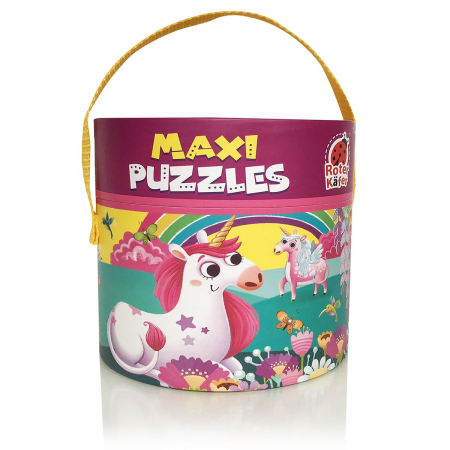 PUZZLE-URI PODEA - Puzzle maxi copii 2 în 1 Unicorni, în găletușă – 48×33 cm | Roter Käfer | 3+ ani