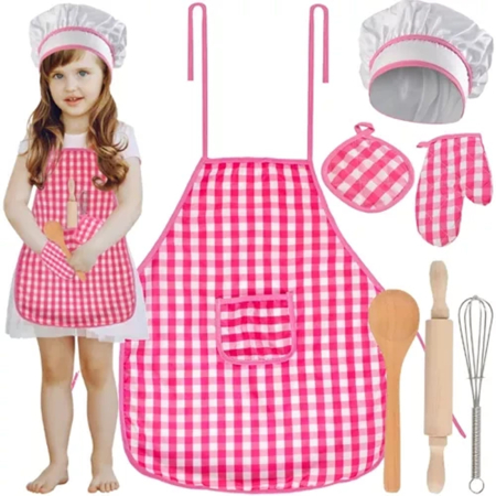 JUCARII DIN LEMN - Set Bucătăreasă Deluxe – Șorț, Bonetă și Accesorii de Joacă – Roz Carouri