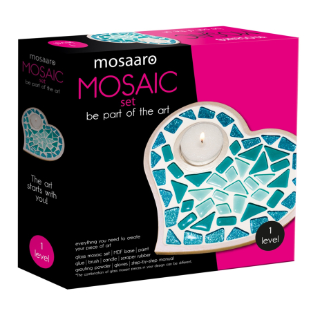 SETURI CREATIVE MOZAIC - SET CREATIV MOZAIC „INIMA” – suport lumânare din MDF cu mozaic din sticlă | Mosaaro