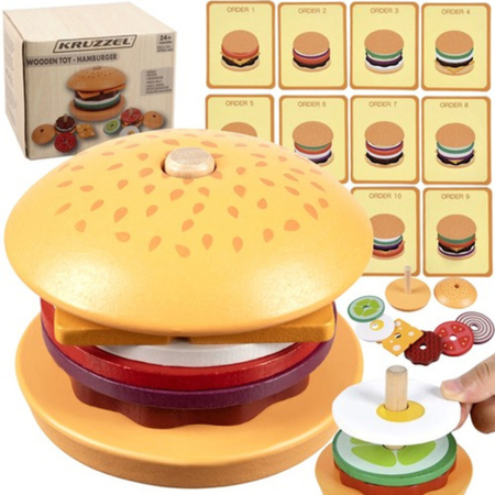 JUCARII EDUCATIVE DIN LEMN - SET HAMBURGER CU 10 CARDURI DE COMENZI, JUCARIE EDUCATIVA DIN LEMN