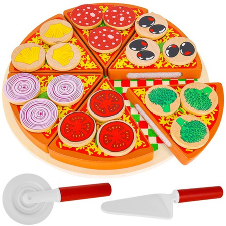 JUCARII EDUCATIVE DIN LEMN - Set pizza din lemn cu accesorii – 22 piese, tăiere și reasamblare cu velcro, joc de rol pentru copii