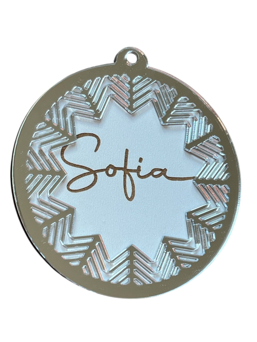 Glob personalizat cu nume – plexiglass auriu/argintiu oglindă și lemn – ornament elegant pentru bradul de Crăciun [3]