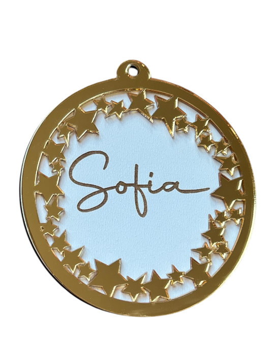 Glob personalizat cu nume – plexiglass auriu/argintiu oglindă și lemn – ornament elegant pentru bradul de Crăciun [1]
