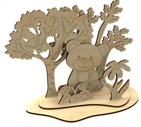 Craft & Hobby - Set de colorat din lemn - Urs în pădure între copaci, DIY pentru copii