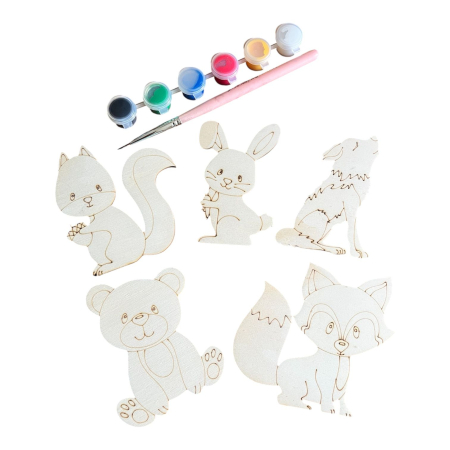 Craft & Hobby - Set Creativ de Pictat din Lemn - Animale din Pădure, 5 Figurine din Lemn, Pensulă și Culori Incluse