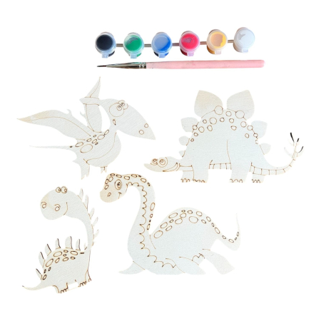 Craft & Hobby - Set Creativ de Pictat Dinozauri din Lemn - 4 Figurine din Lemn (6-12 cm), Culori pe Bază de Apă și Pensulă Incluse