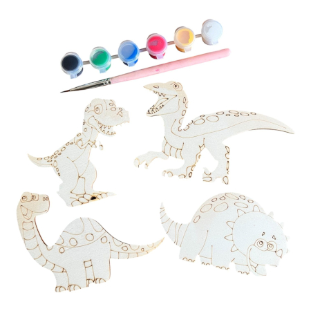 Craft & Hobby - Set Creativ de Pictat Dinozauri din Lemn - 4 Figurine din Lemn (6-12 cm), Culori pe Bază de Apă și Pensulă Incluse - Copie