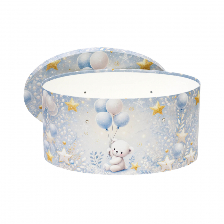 Cutii trusou botez ovale tiparite - Cutie trusou botez ovala tiparita ursulet baloane blue