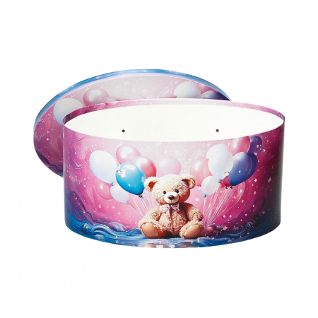 Cutii trusou botez ovale tiparite - Cutie trusou botez ovala tiparita ursulet baloane model 1