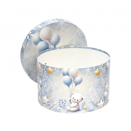 Cutii trusou botez rotunde tiparite - Cutie trusou botez rotunda tiparita ursulet baloane blue
